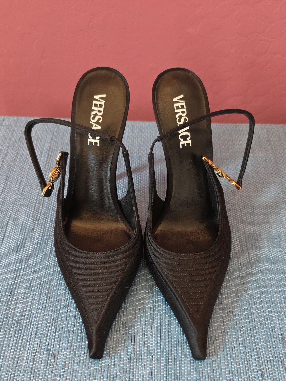 VERSACE Black Pointed Toe Slingback Heels with Gold Charm